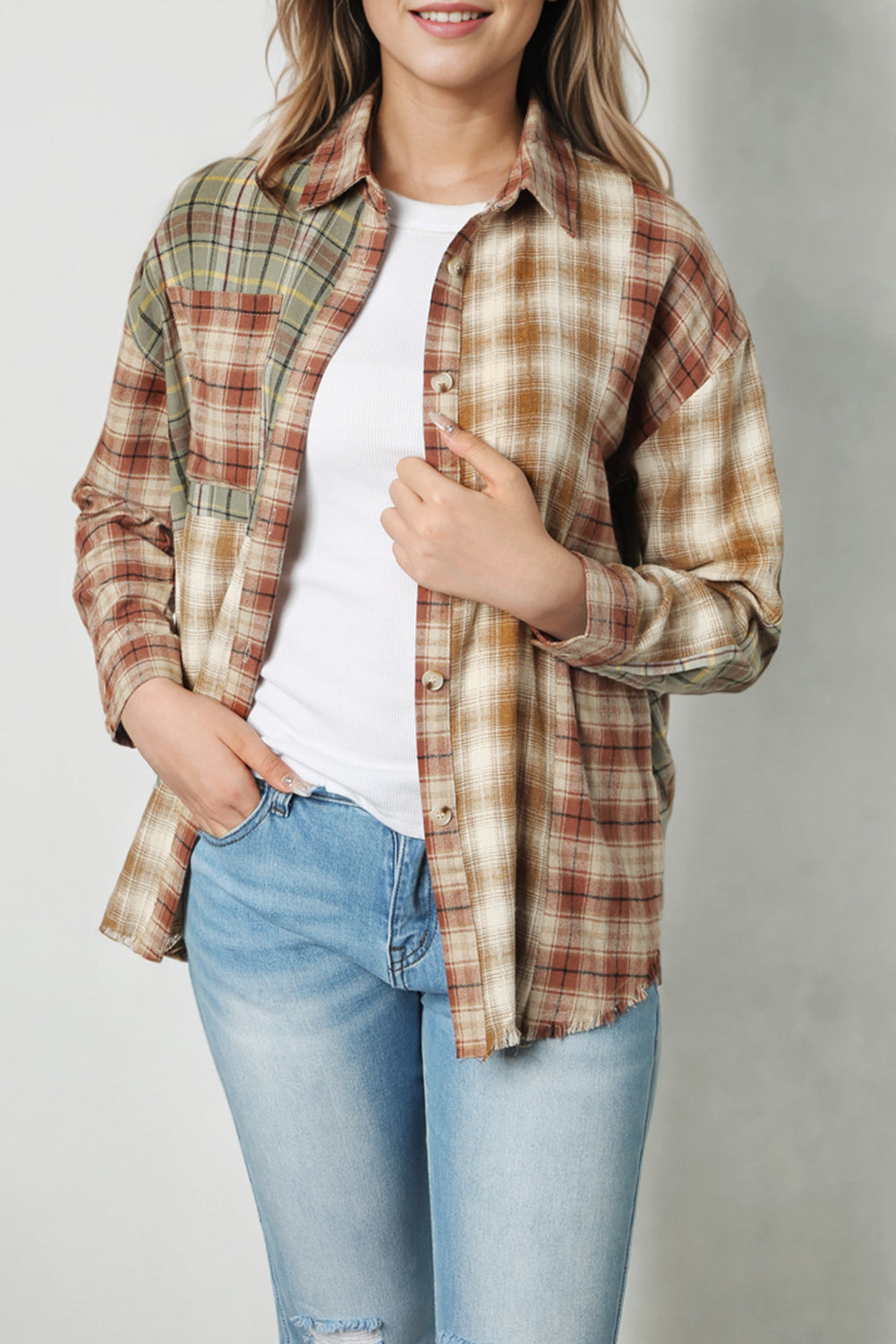 Bruin multi-geruit casual overhemd met ruwe rand en patchwork