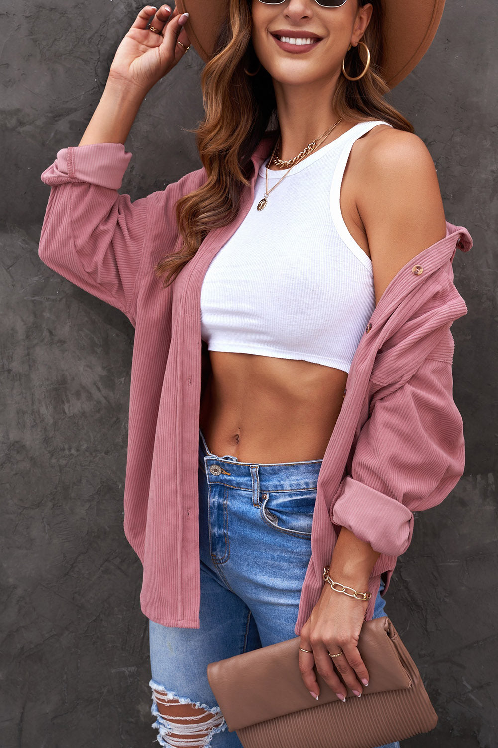 Roze corduroy overhemd met knoopzak