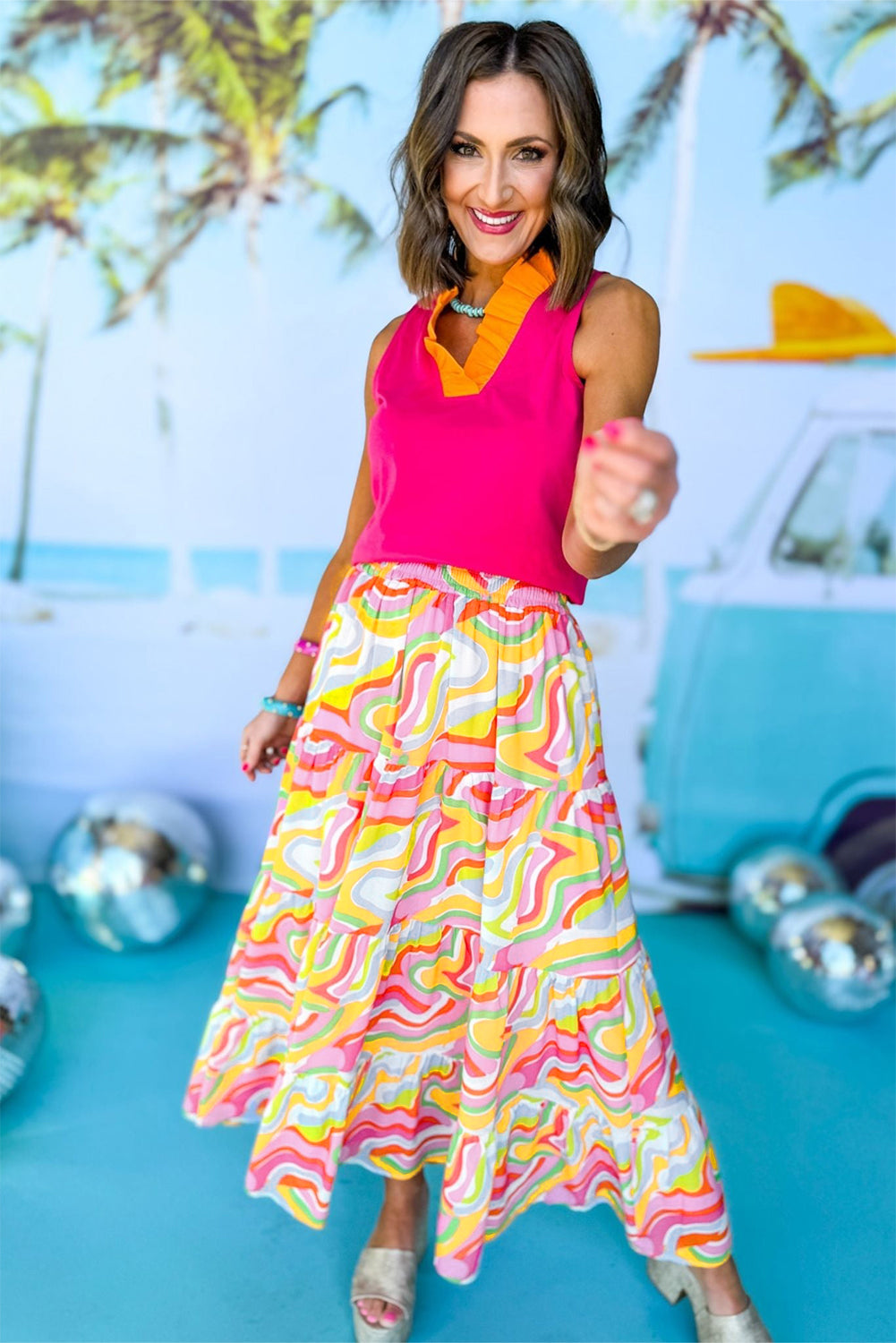 Roze gelaagde maxirok met abstracte print