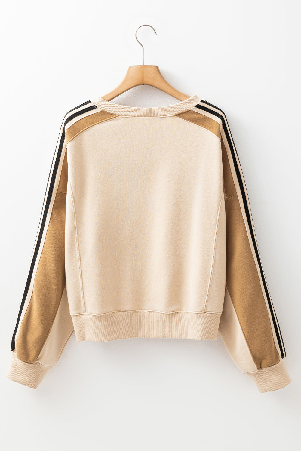 Beige contrast gestreepte patchwork druppel schouder los sweatshirt