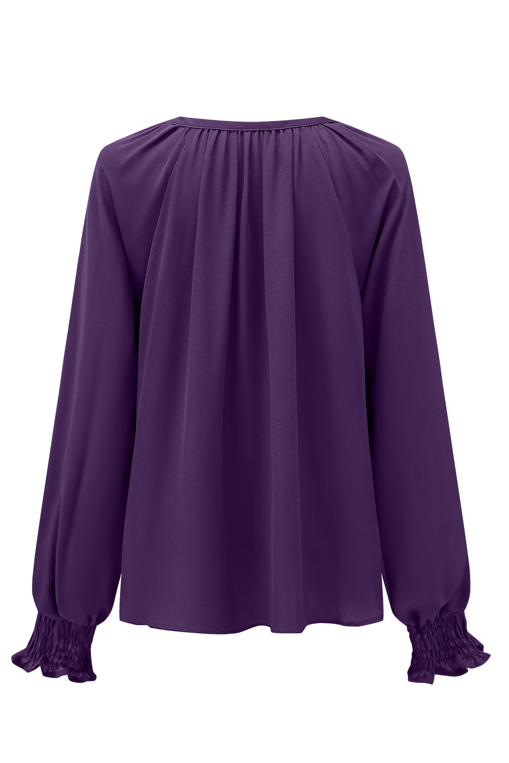 Paarse geplooide blouse met V-hals en gezwollen mouwen