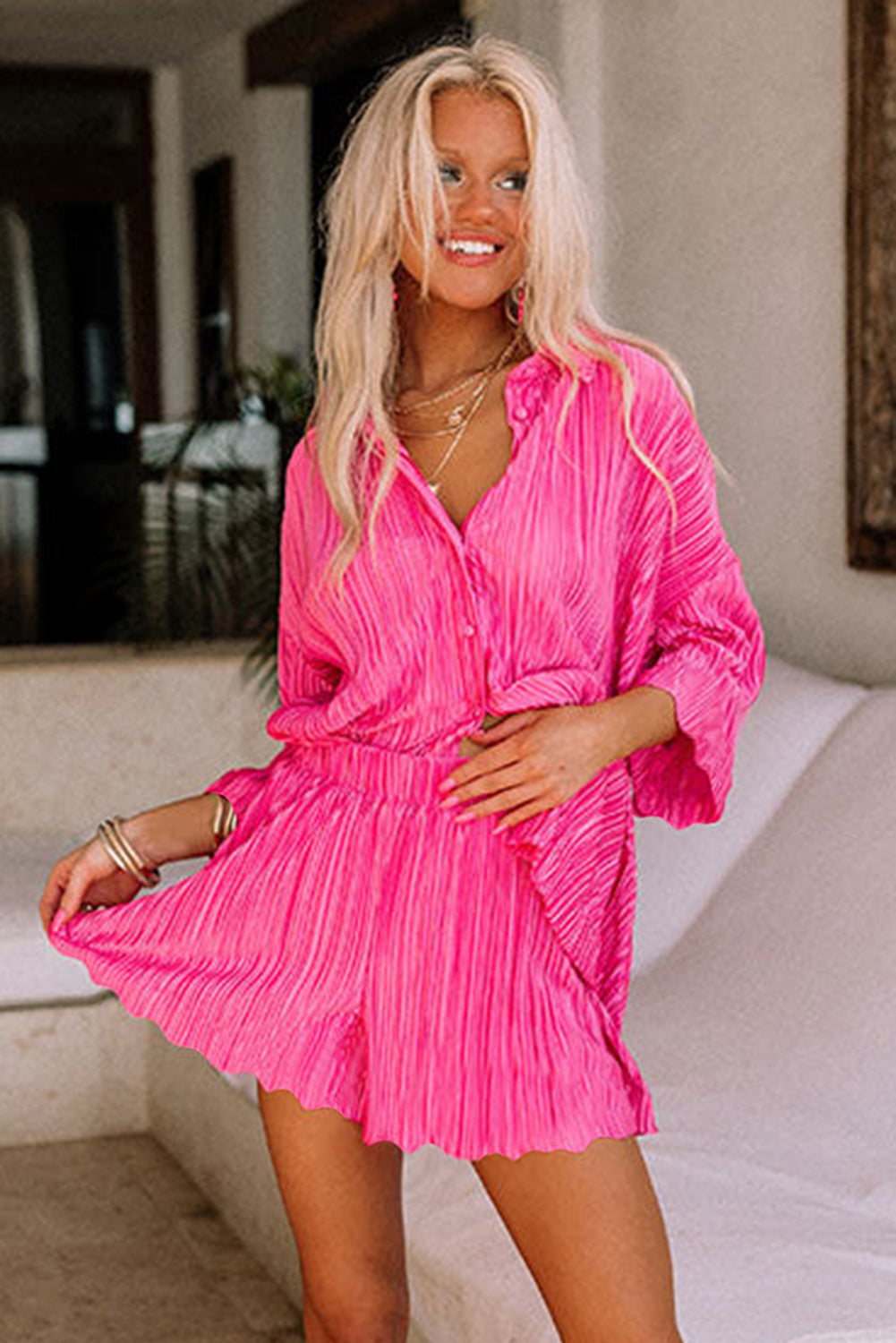 Rose loungeset met geplooid shirt en hoge taille met 3/4 mouwen