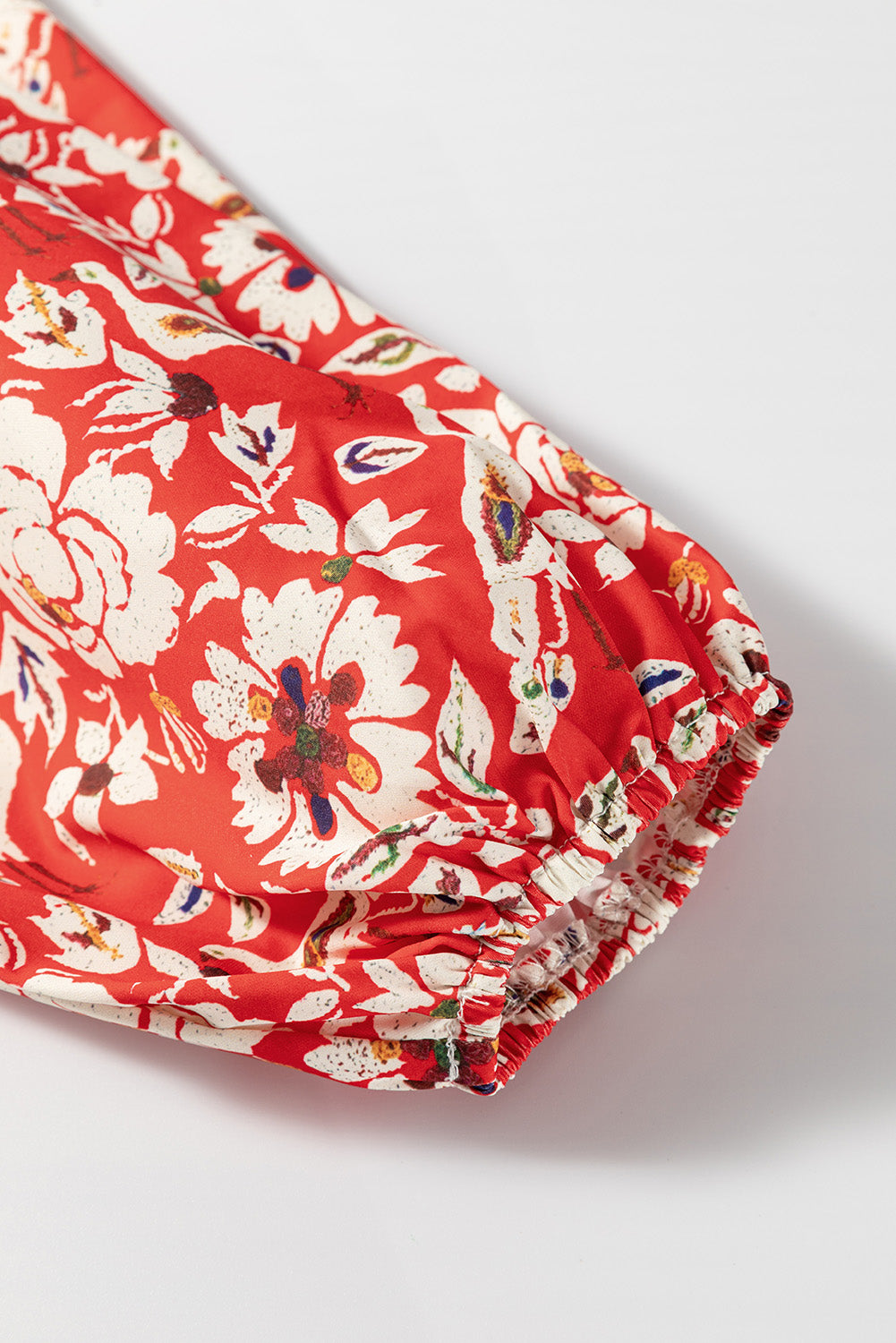 Rood kleurrijke bloemen patchwork lange mouw geplooide mini -jurk