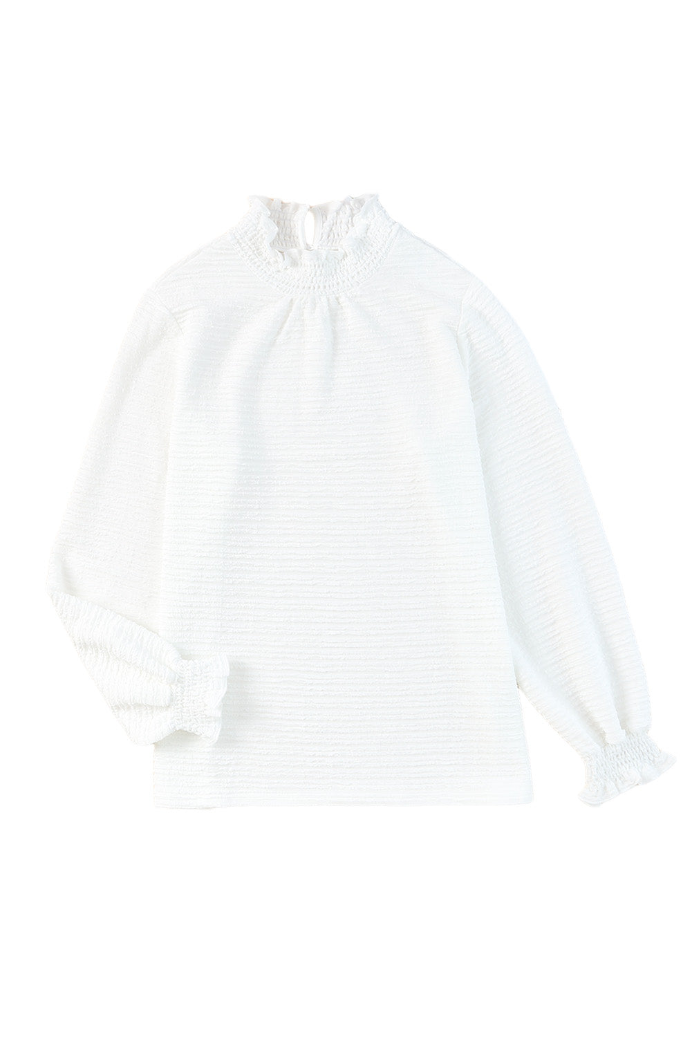Witte blouse met gesmokte hals en bisschopsmouwen met ruches