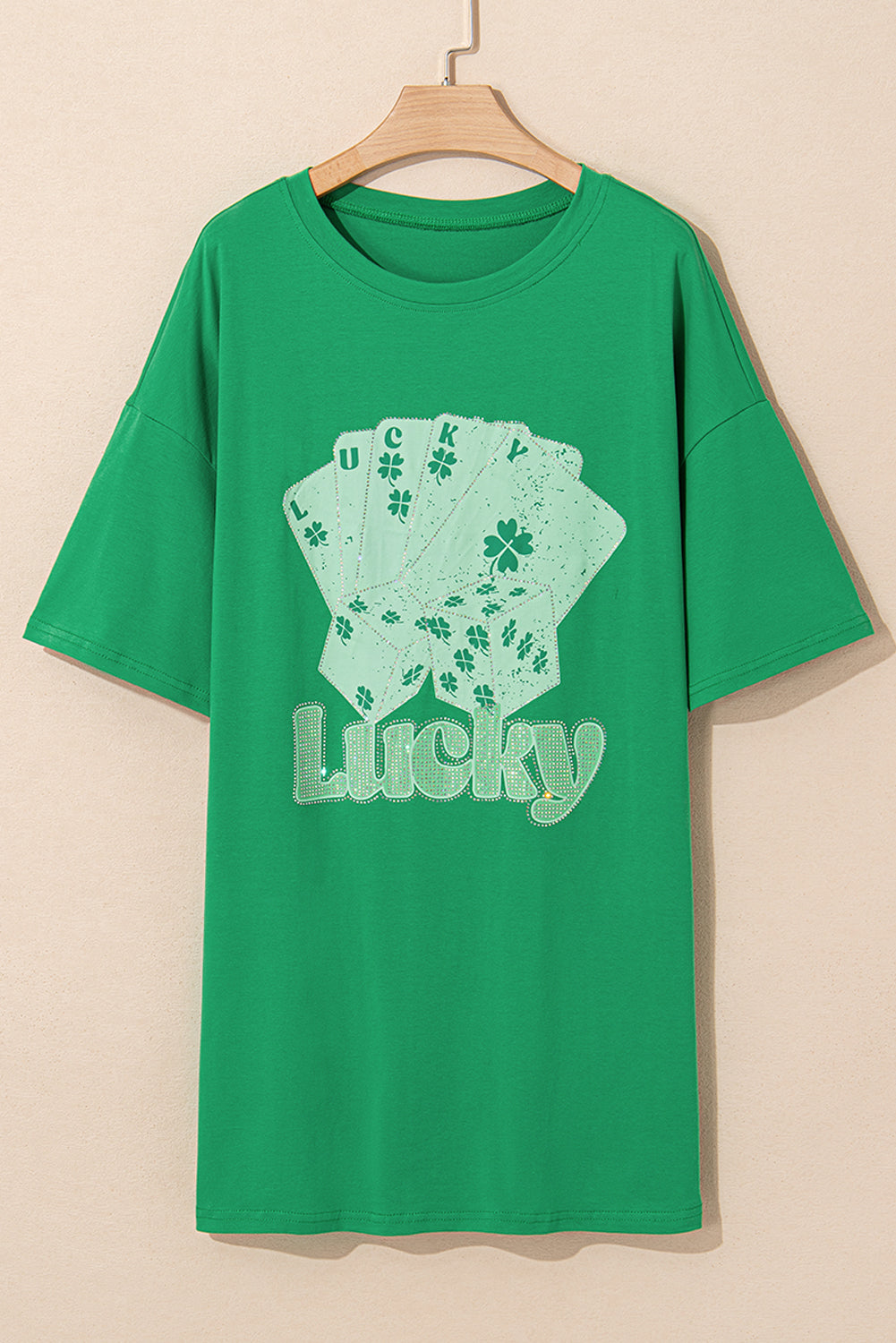 Bright Green Rhinestone Lucky Poker Cards extra grote T -shirt mini -jurk