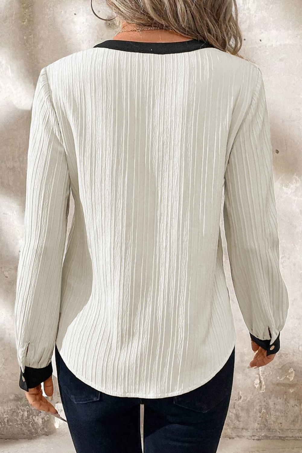 Witte textuur kleurblock v nek elegante blouse