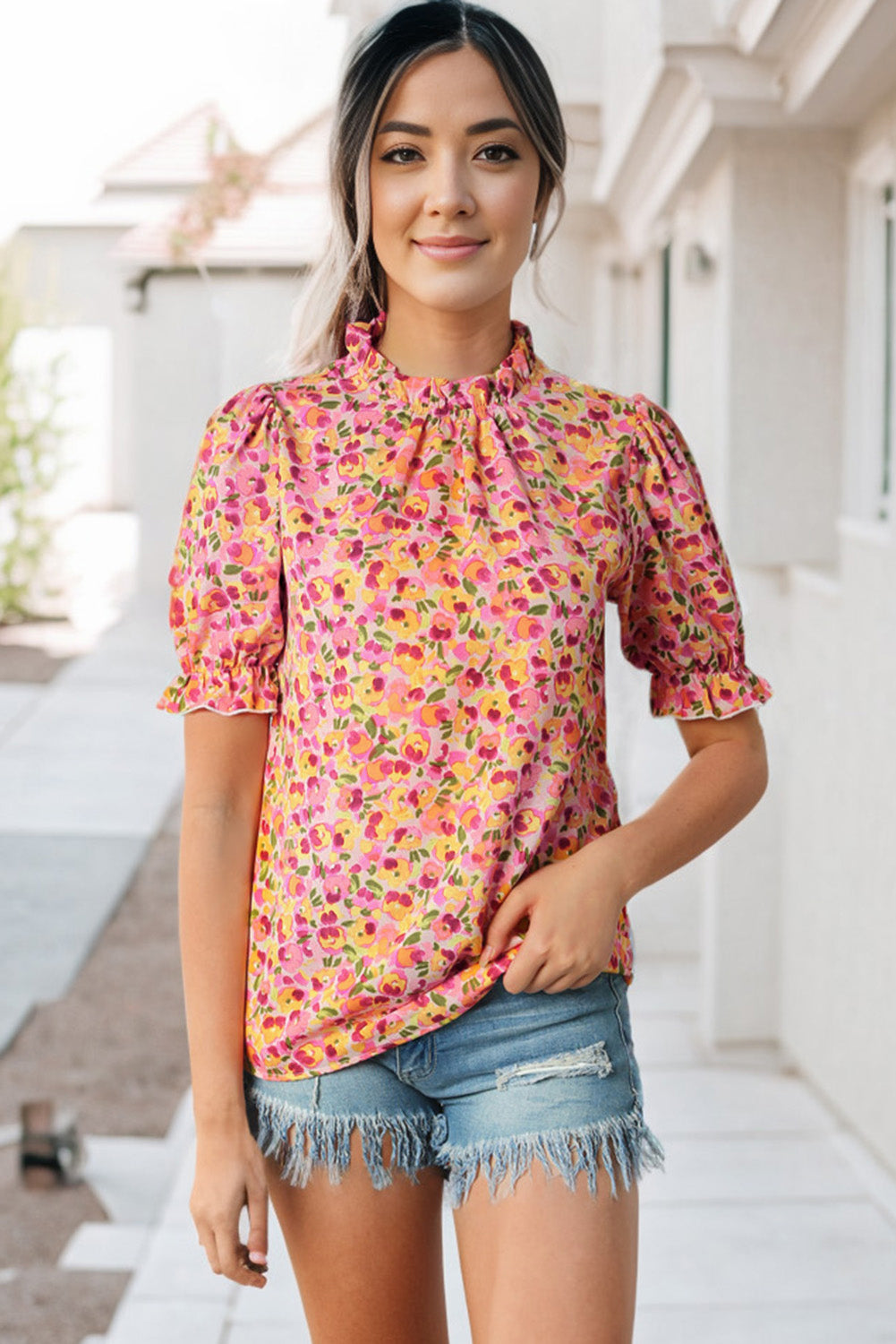 Oranje Boho bloemen ruches korte mouw franje mock hals blouse