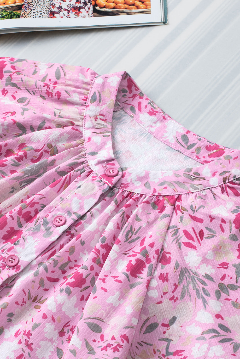 Roze bloemen mandarijn kraag top