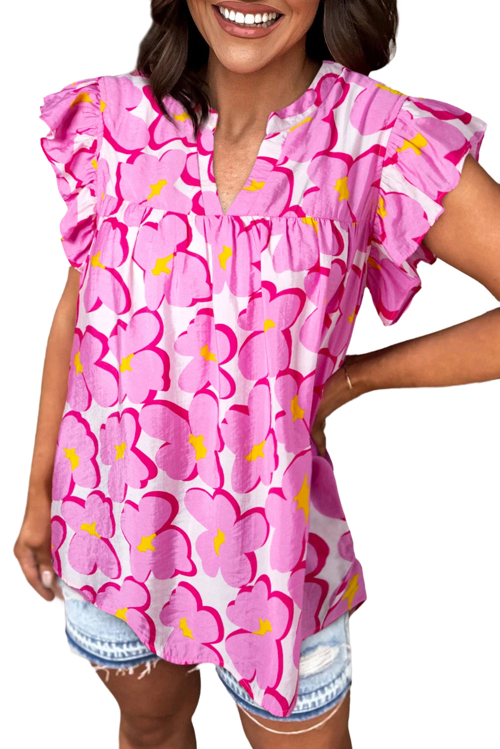 Babydoll-blouse met roze bloemen en ruches aan de mouwen