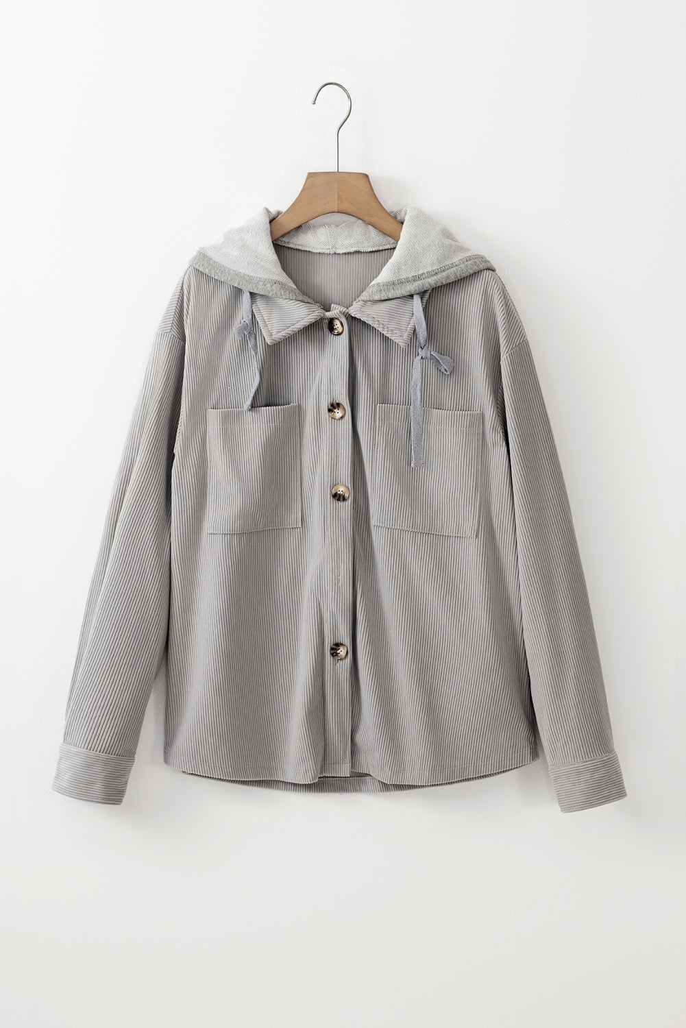 Lichtgrijze corduroy shacket met capuchon en trekkoordzakken