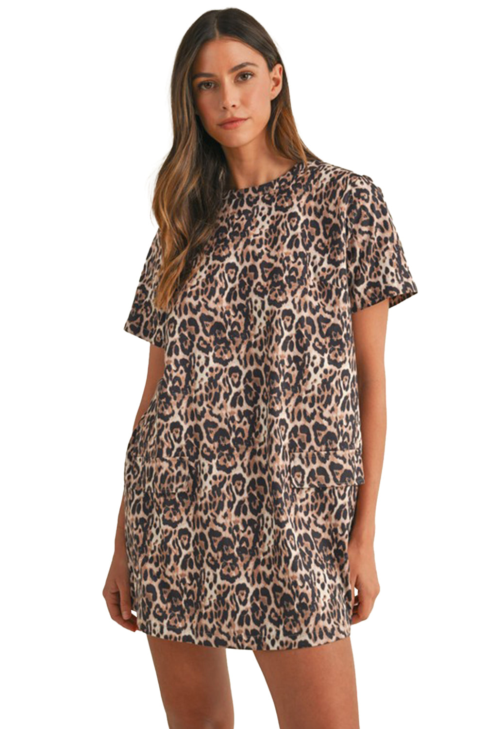 Bruine luipaard Print Crew Neck Shift Short T -shirtjurk