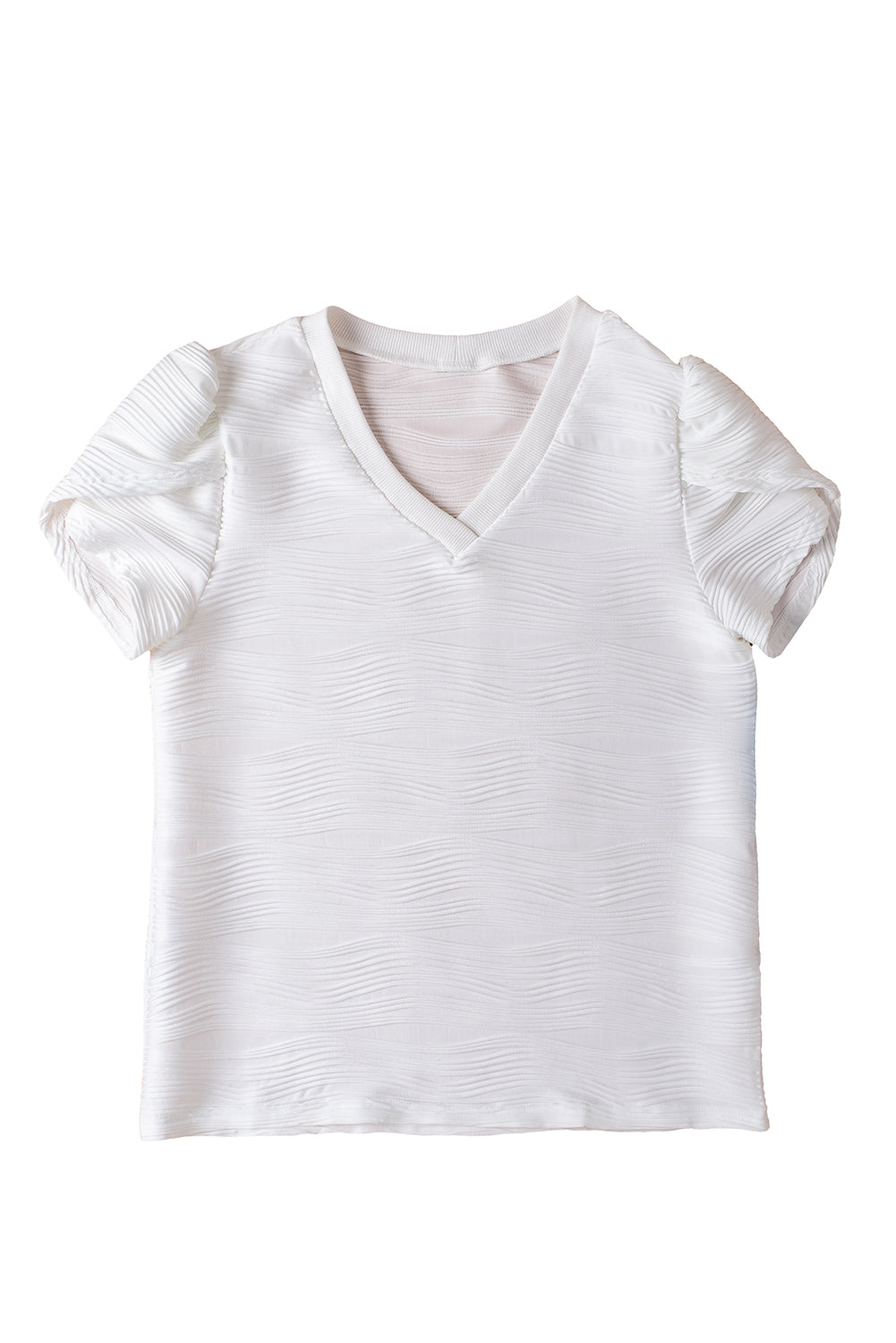 Witte effen kleur getextureerde top met V-hals en korte mouwen