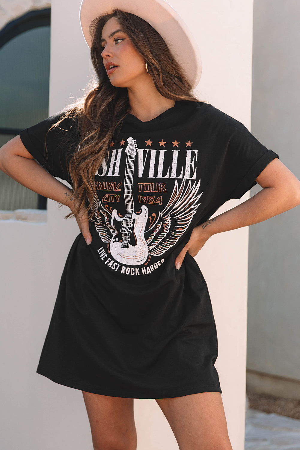 Black Nashville Guitar Print Crew Neck T -shirt mini -jurk