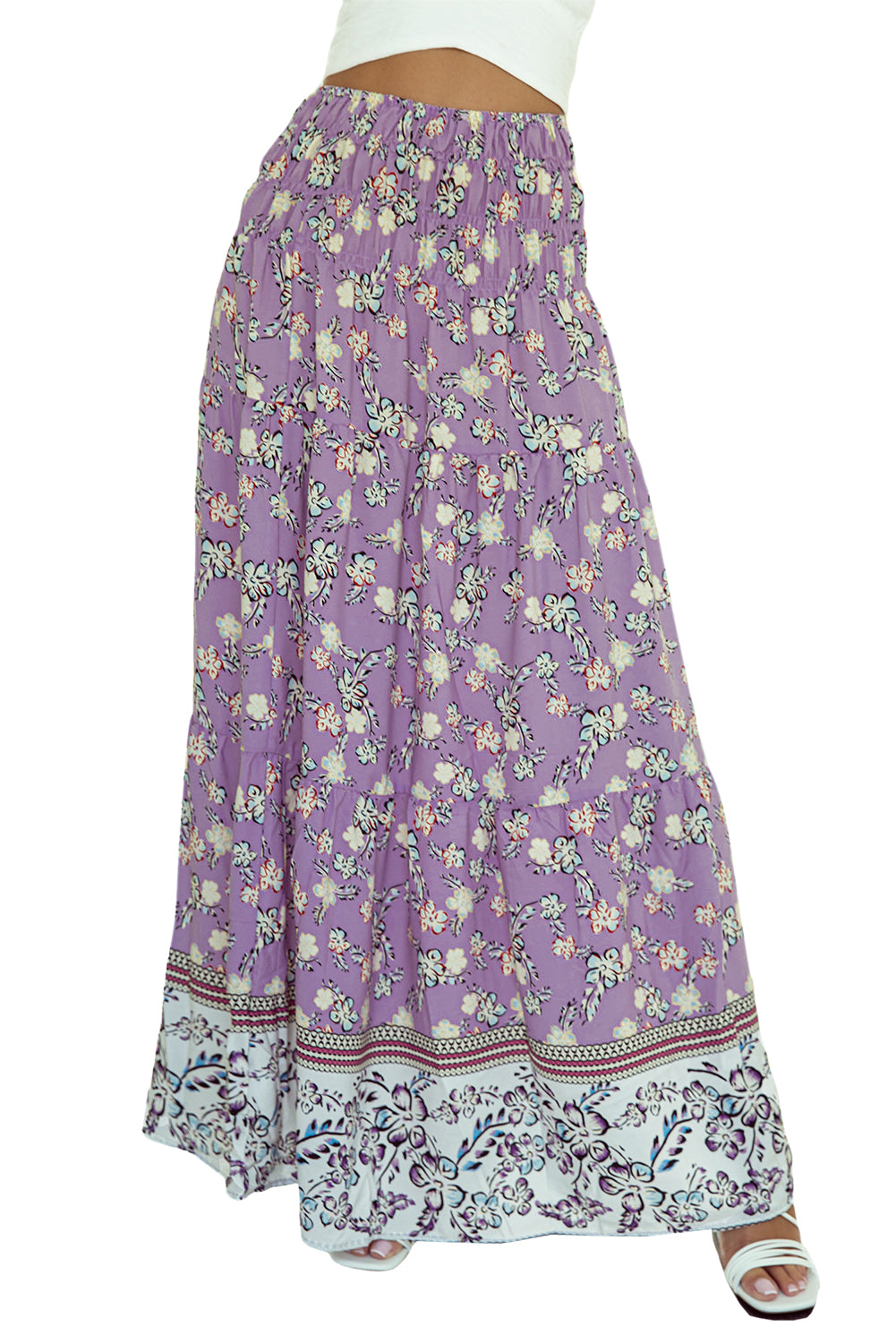Paarse bloemenprint gesmokte maxi-rok met hoge taille