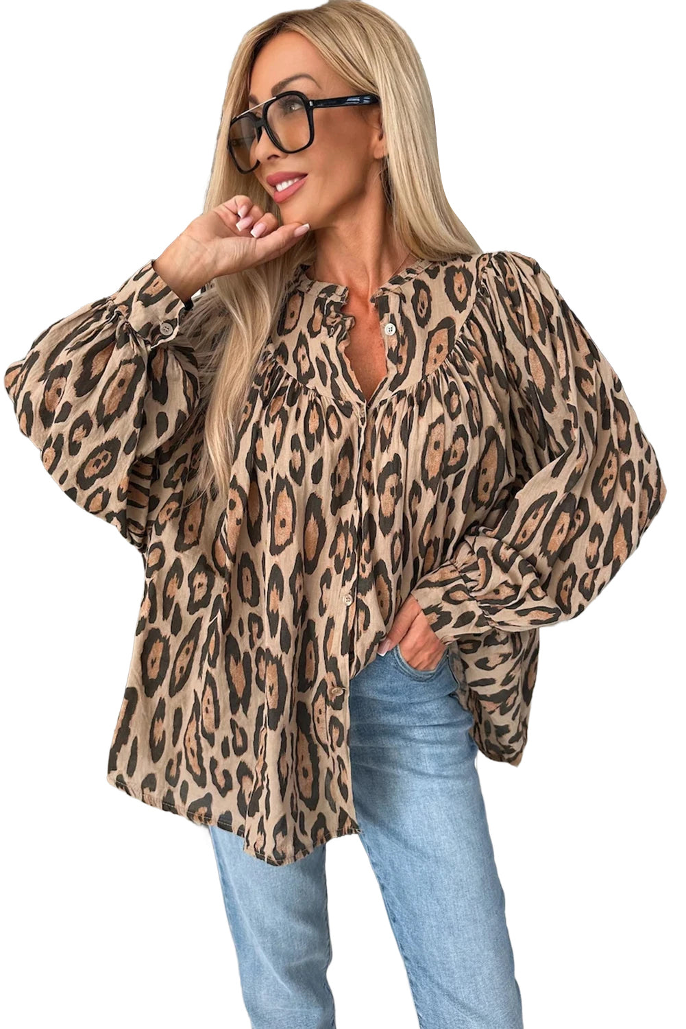 Licht Frans beige oversized luipaard print ballon mouw casual shirt
