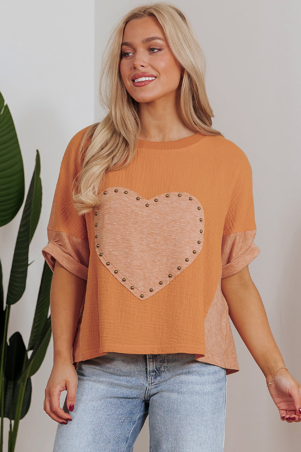 Desert Gold Stud Heart Patch getextureerde front Dolman top
