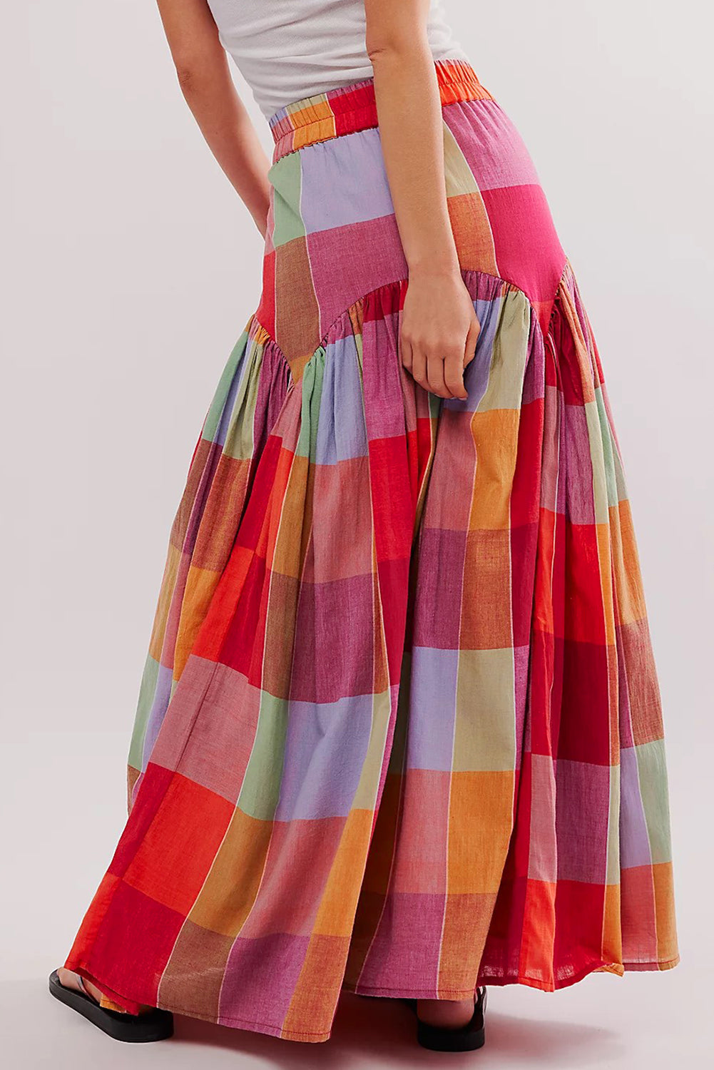 Multicolour plaid print ruches hoge taille casual maxi rok