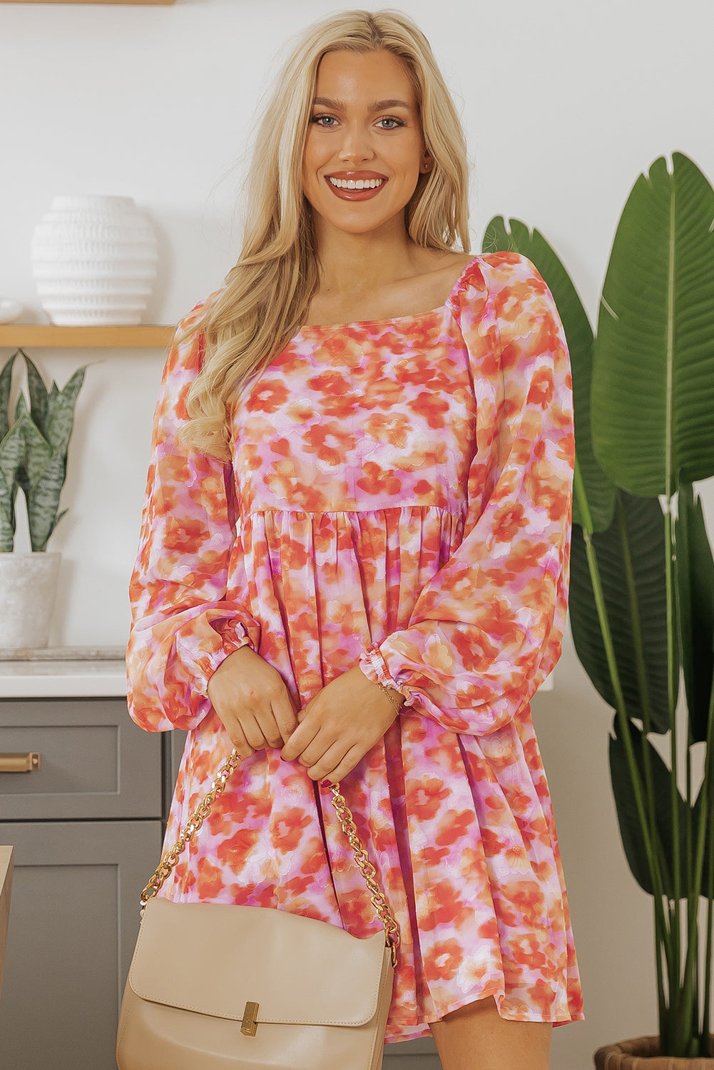 Rose Floral Print Square Neck High Taille Mini Dress