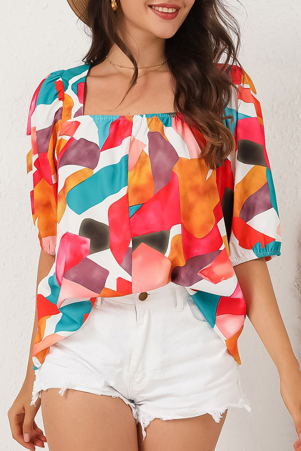 Veelkleurige blouse met vierkante hals en abstracte print en korte mouwen