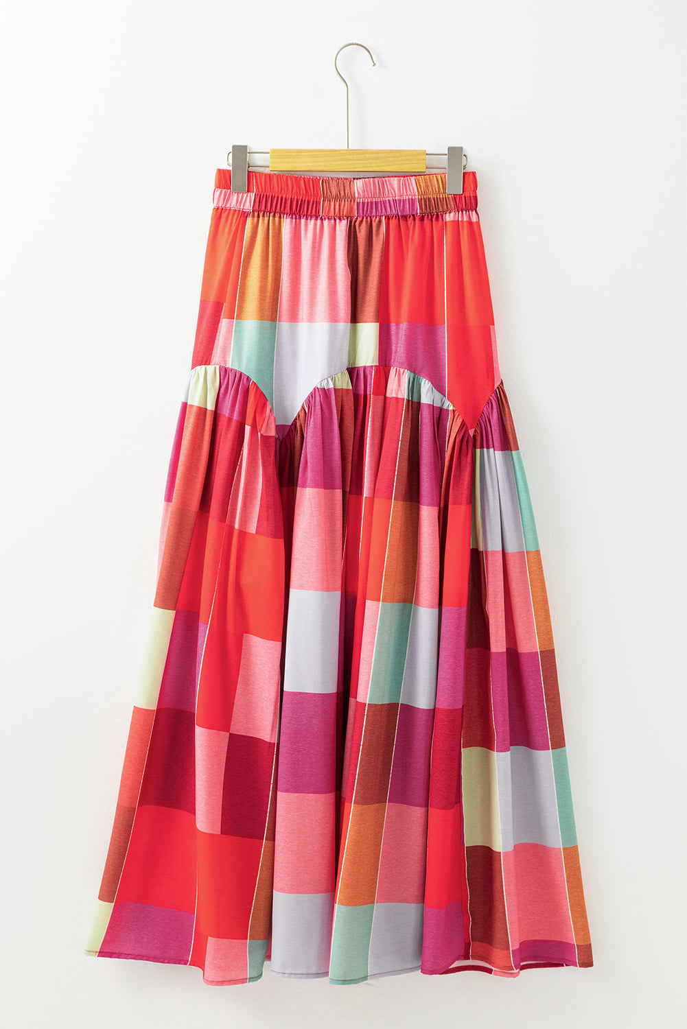 Multicolour plaid print ruches hoge taille casual maxi rok