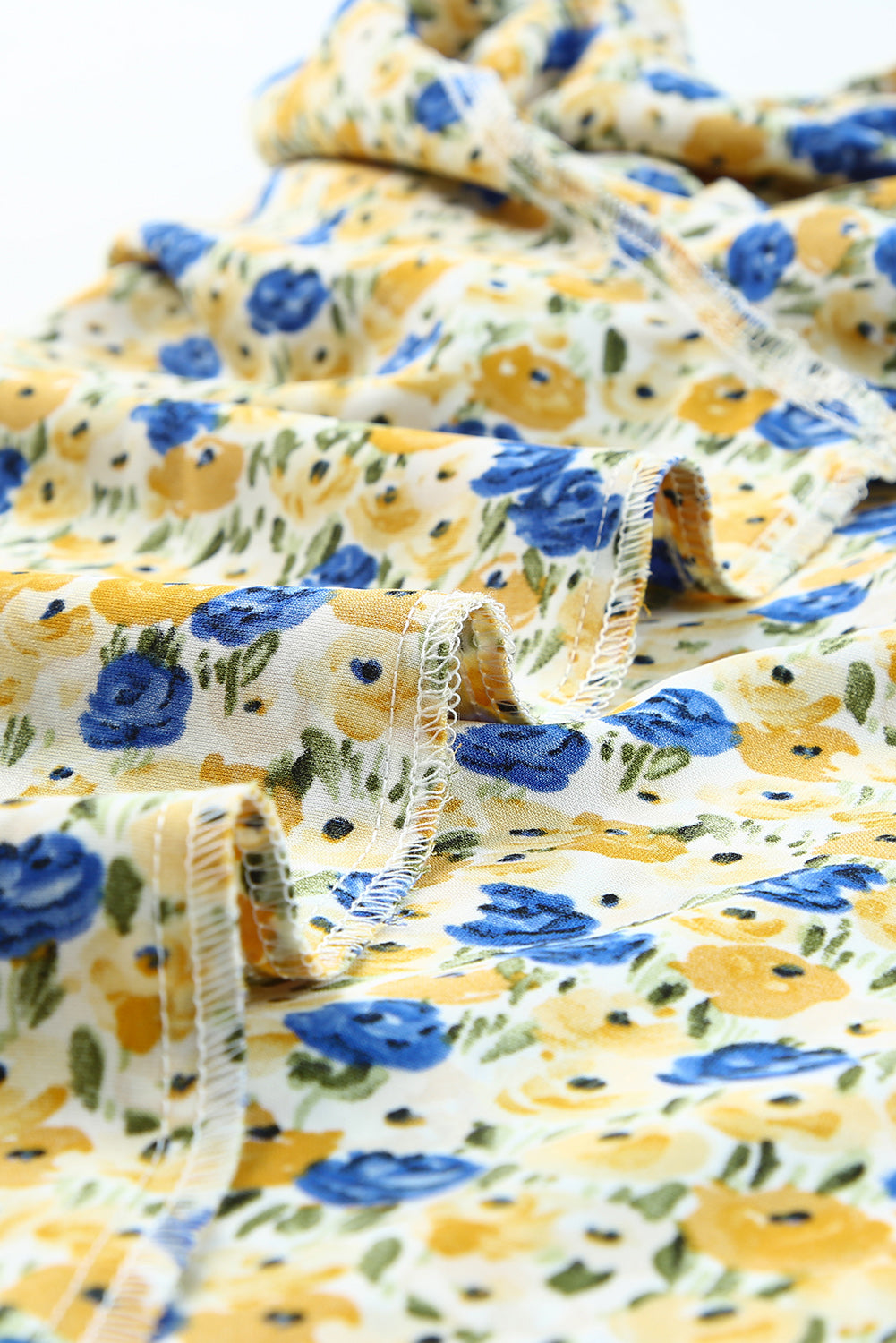Gele Boho bloemen ruches korte mouw franje mock hals blouse