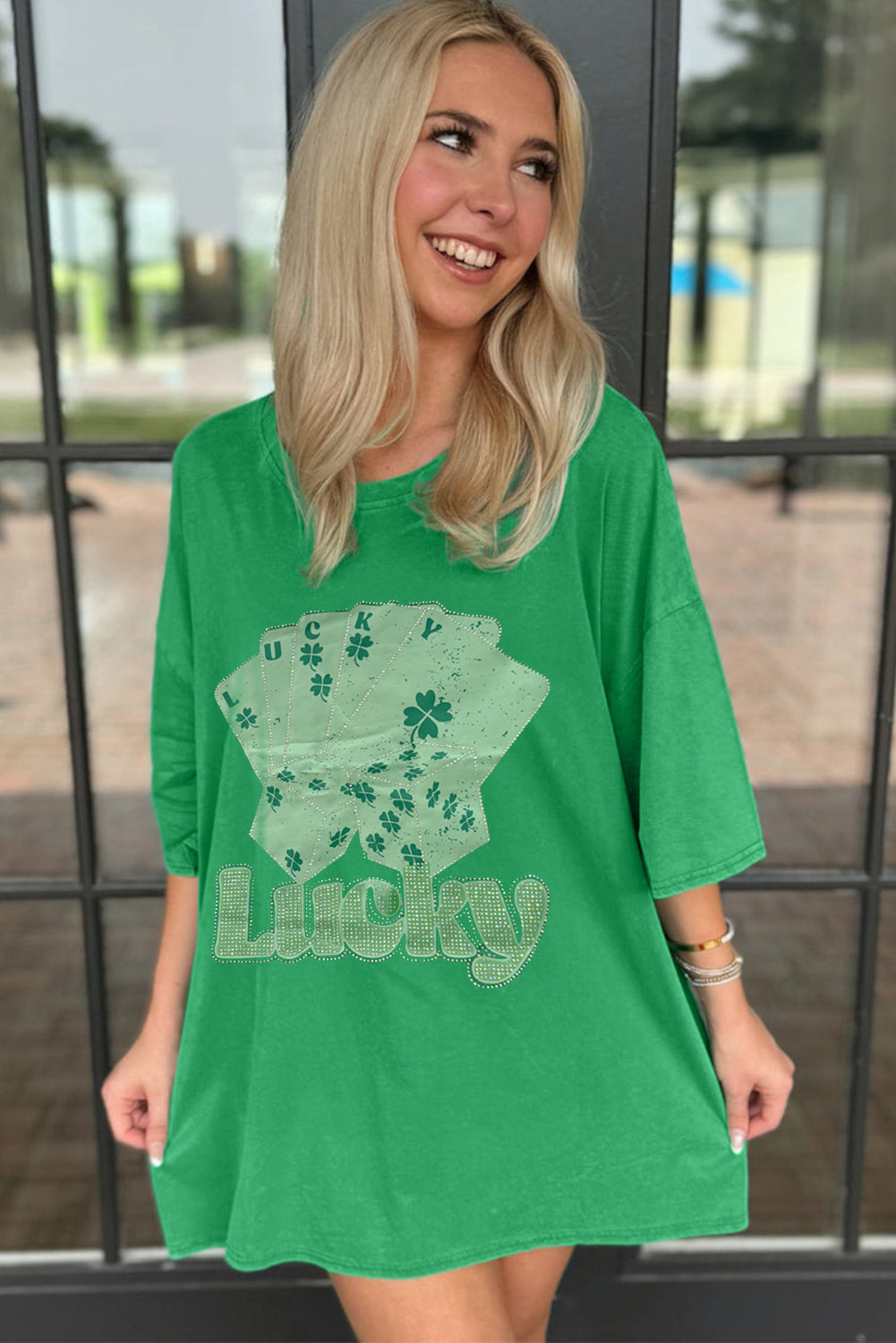 Bright Green Rhinestone Lucky Poker Cards extra grote T -shirt mini -jurk