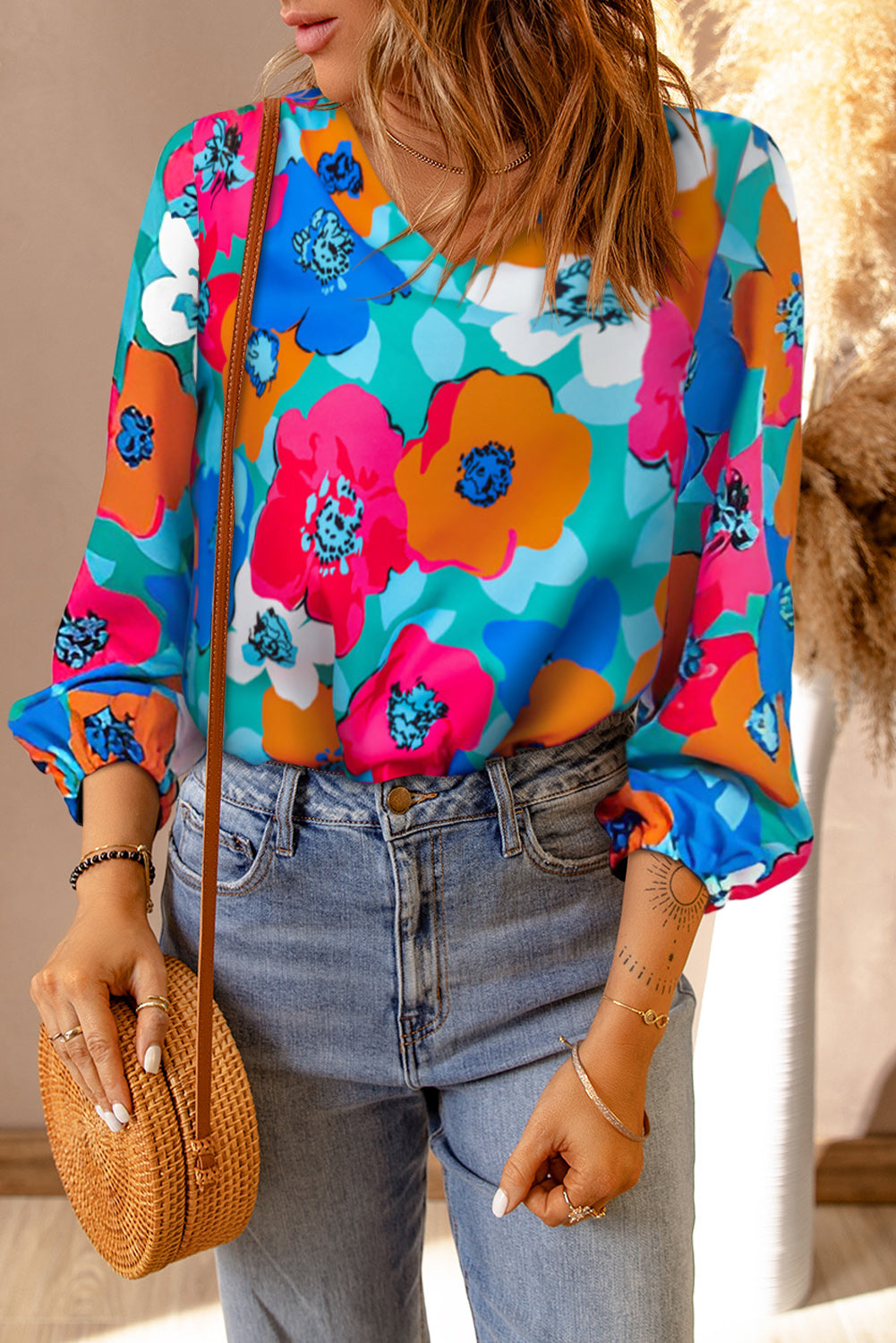 Blouse met veelkleurige bloemenprint, V-hals en 3/4 mouwen