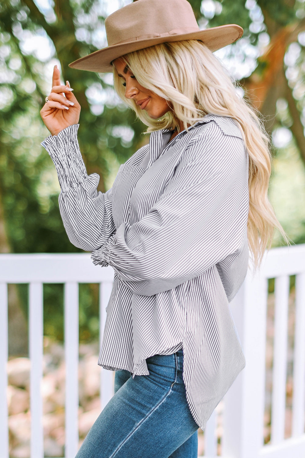 Gesmokt gestreept boyfriend-shirt met manchetten en zak