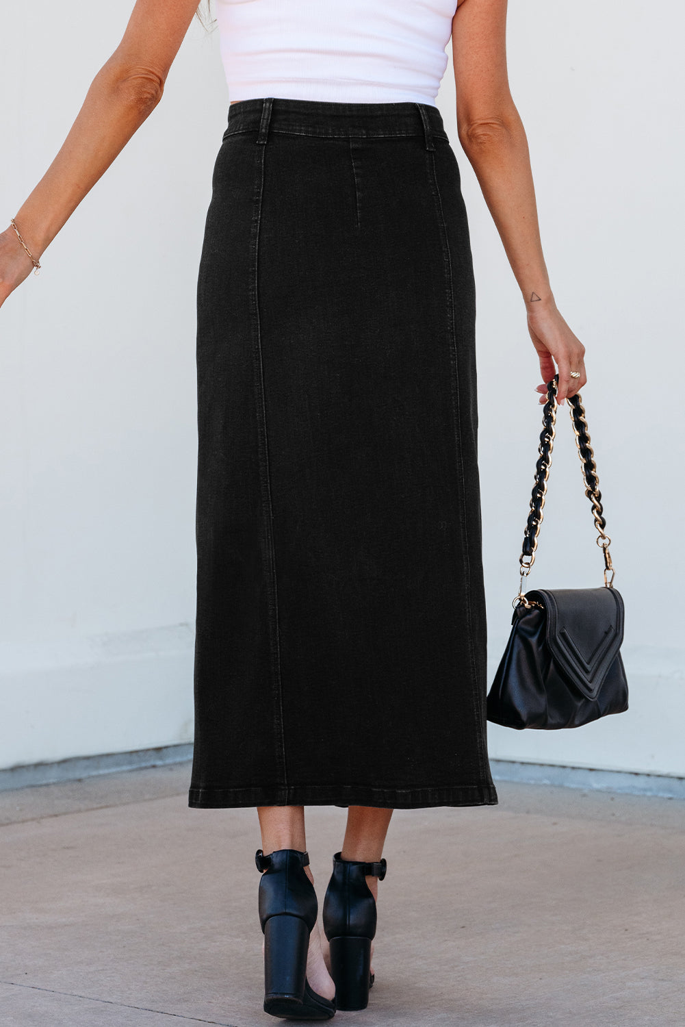 Zwarte knop vliegzijde split split hoge taille denim midi rok