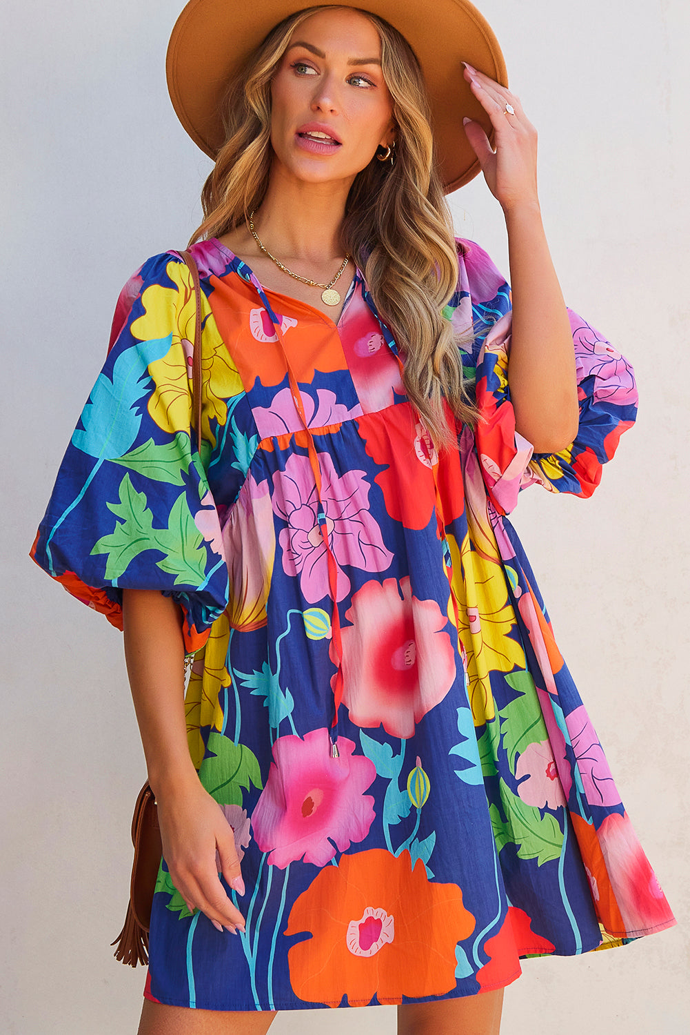 Donkerblauwe bloemenprint split nek babydoll jurk