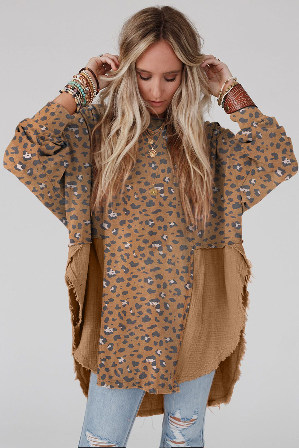 Bruin bedrukte ruwe rand luipaard patchwork oversized blouse