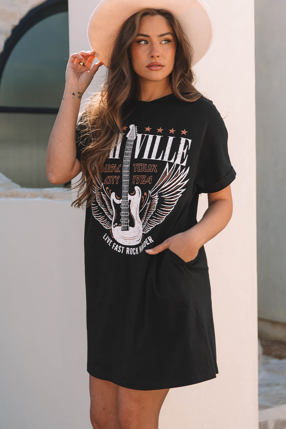 Black Nashville Guitar Print Crew Neck T -shirt mini -jurk