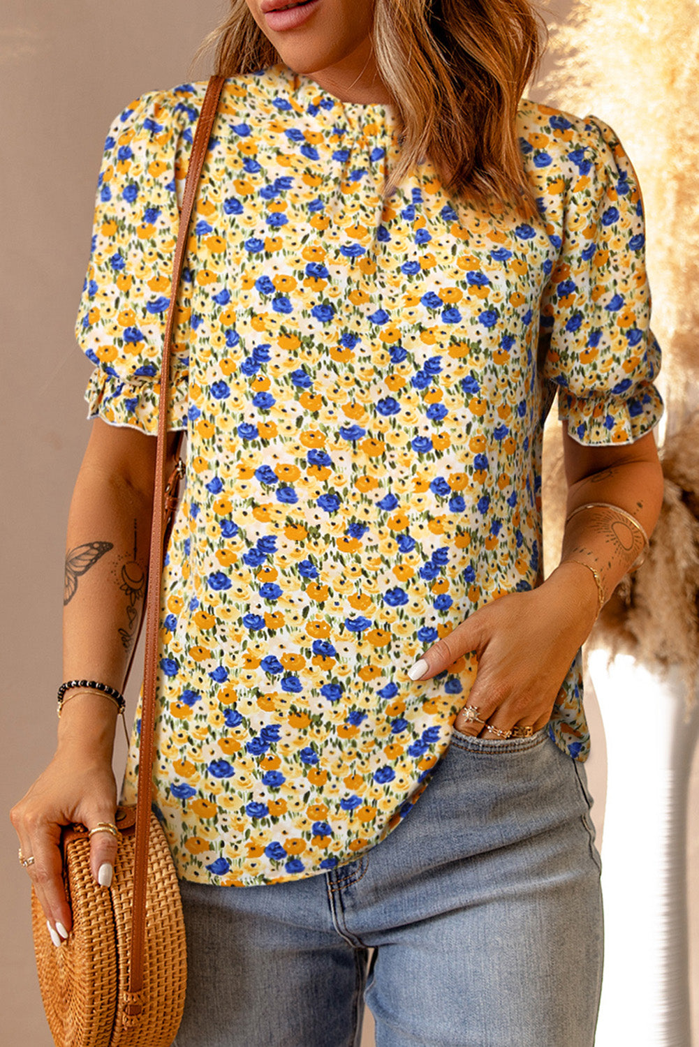 Gele Boho bloemen ruches korte mouw franje mock hals blouse