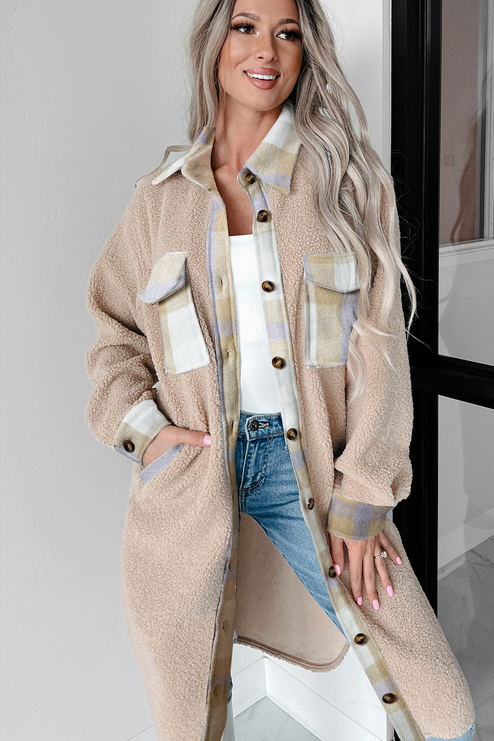 Smoke grijs plaid patchwork collared button-up sherpa lange jas