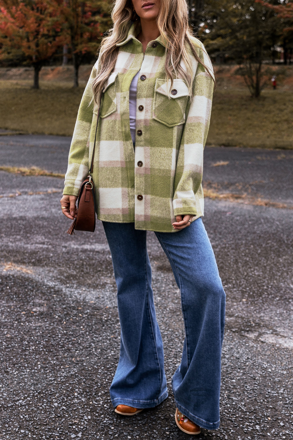 Saliegroene geruite print met klepzakken en knoopsluiting Baggy Shacket