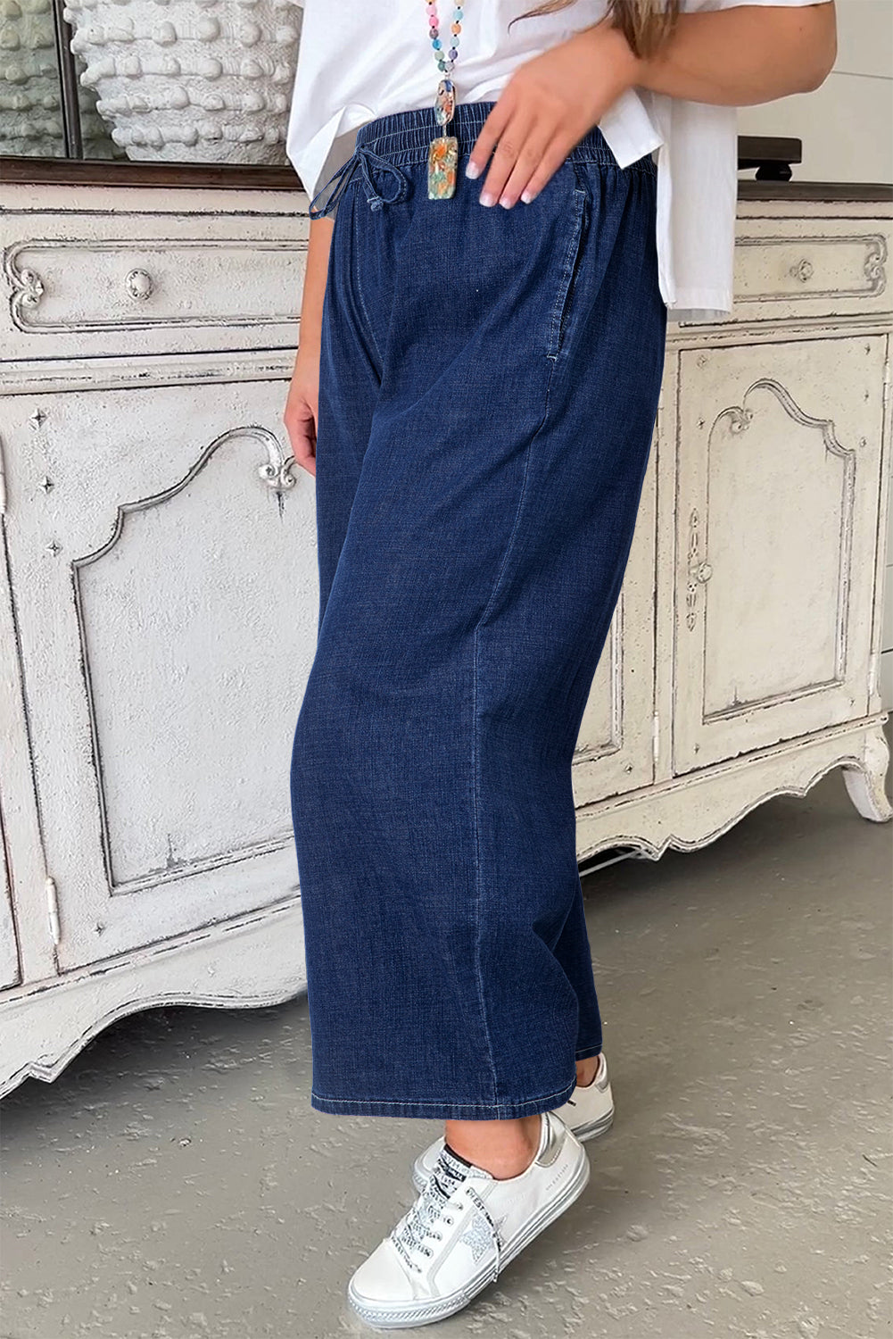 Real Teal Plus Size Drawstring High Taille Wide Leg Casual Jeans