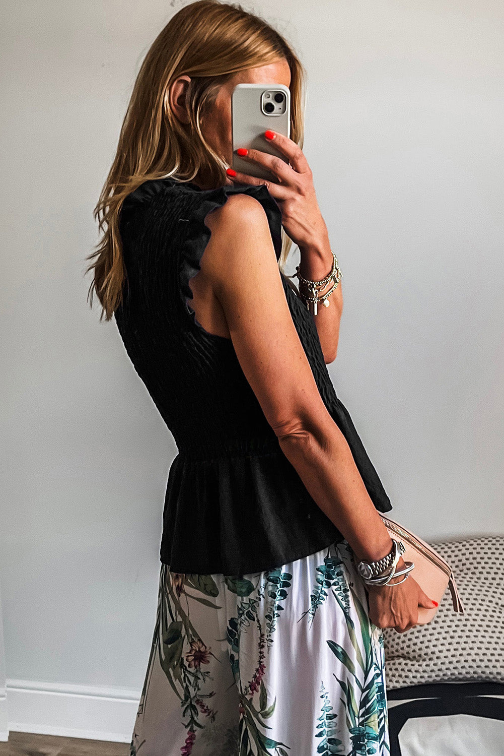 Zwarte ruche korte mouw shirred peplum top