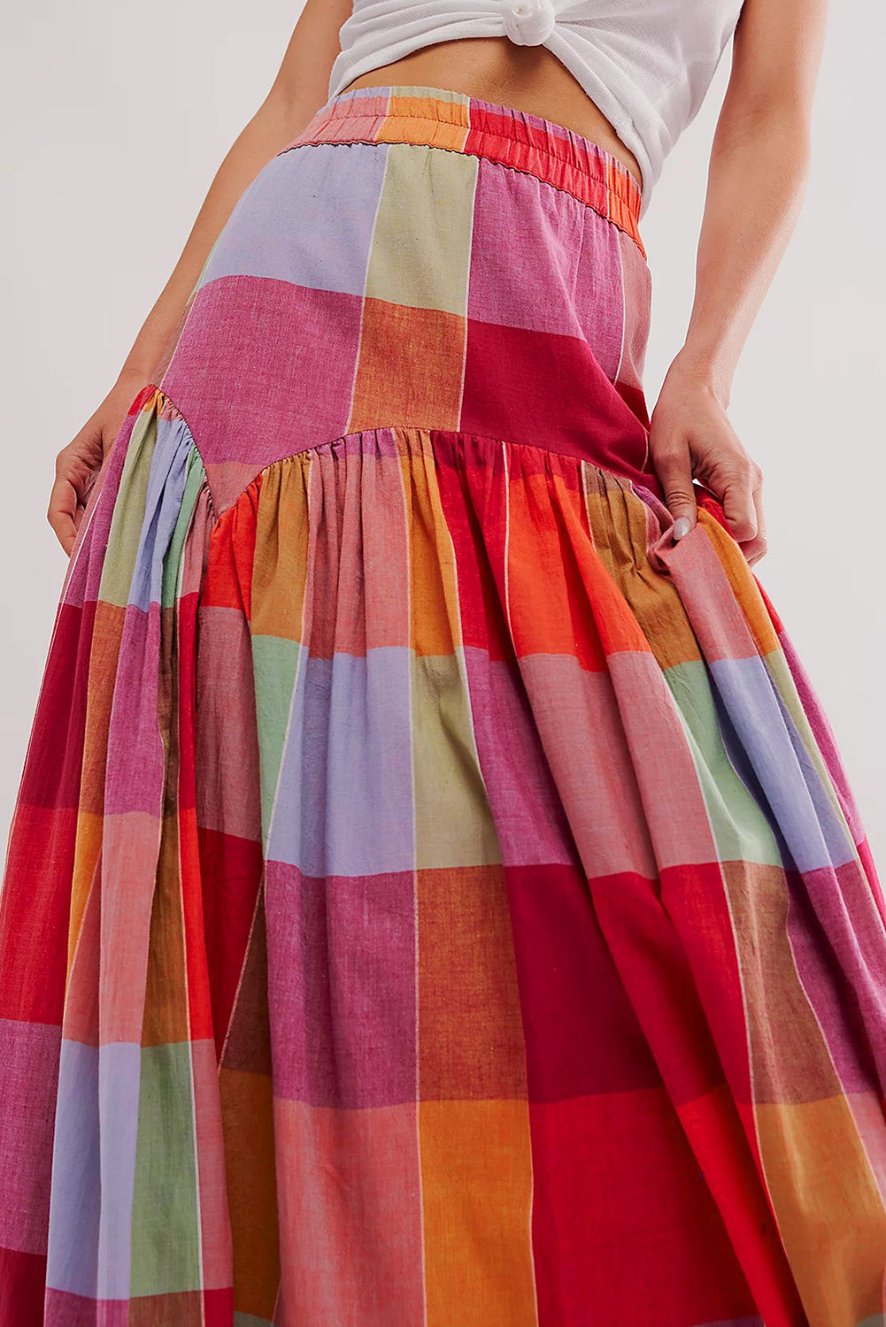 Multicolour plaid print ruches hoge taille casual maxi rok