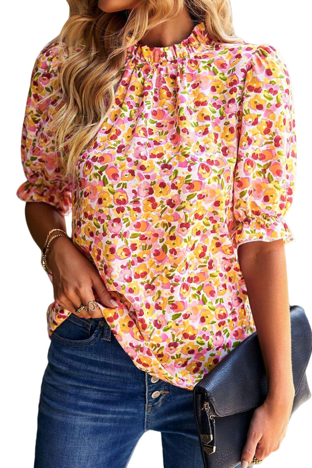 Oranje Boho bloemen ruches korte mouw franje mock hals blouse
