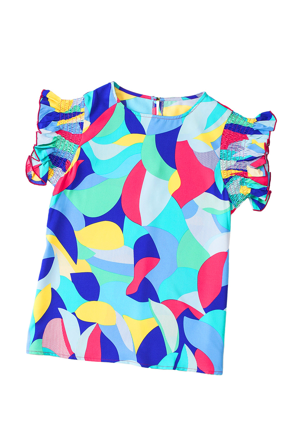 Blouse met veelkleurige abstracte print en stiksels met ruches aan de mouwen