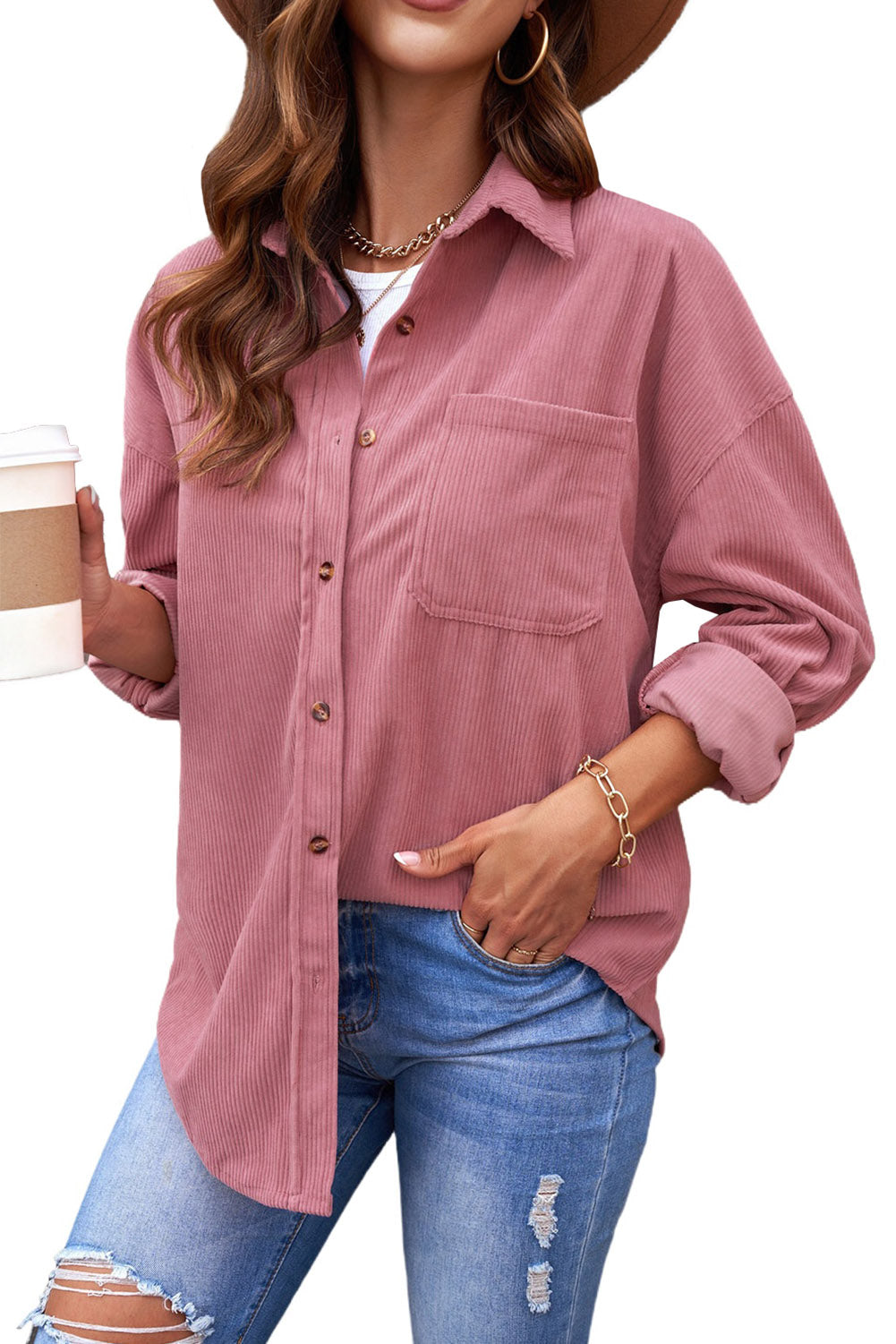 Roze corduroy overhemd met knoopzak