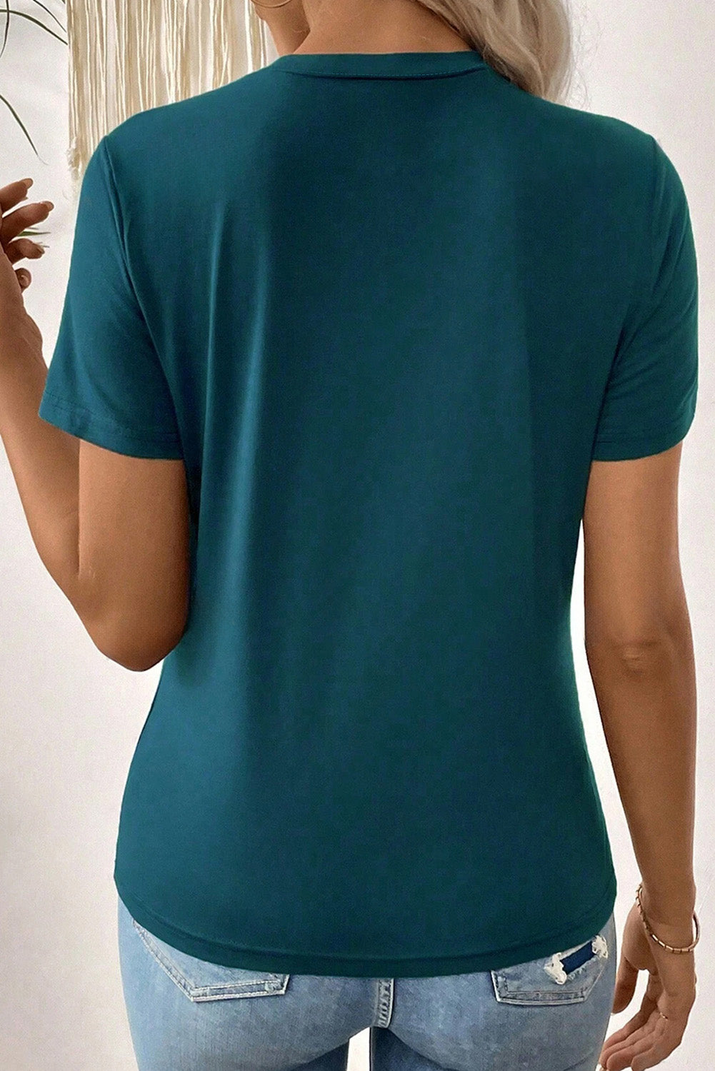 Blauwe saffier massief kleur tandenstoker streep ronde nek t -shirt