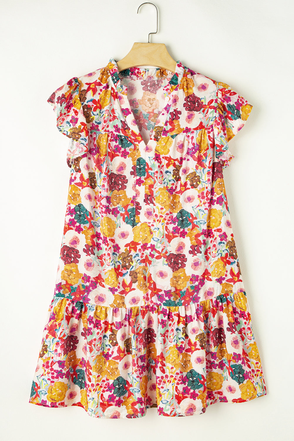 Paarse bloemenprint jurk met splitnek en fladdermouwen