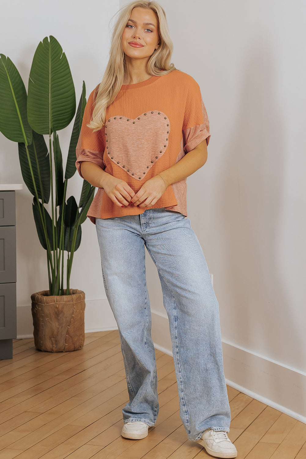 Desert Gold Stud Heart Patch getextureerde front Dolman top