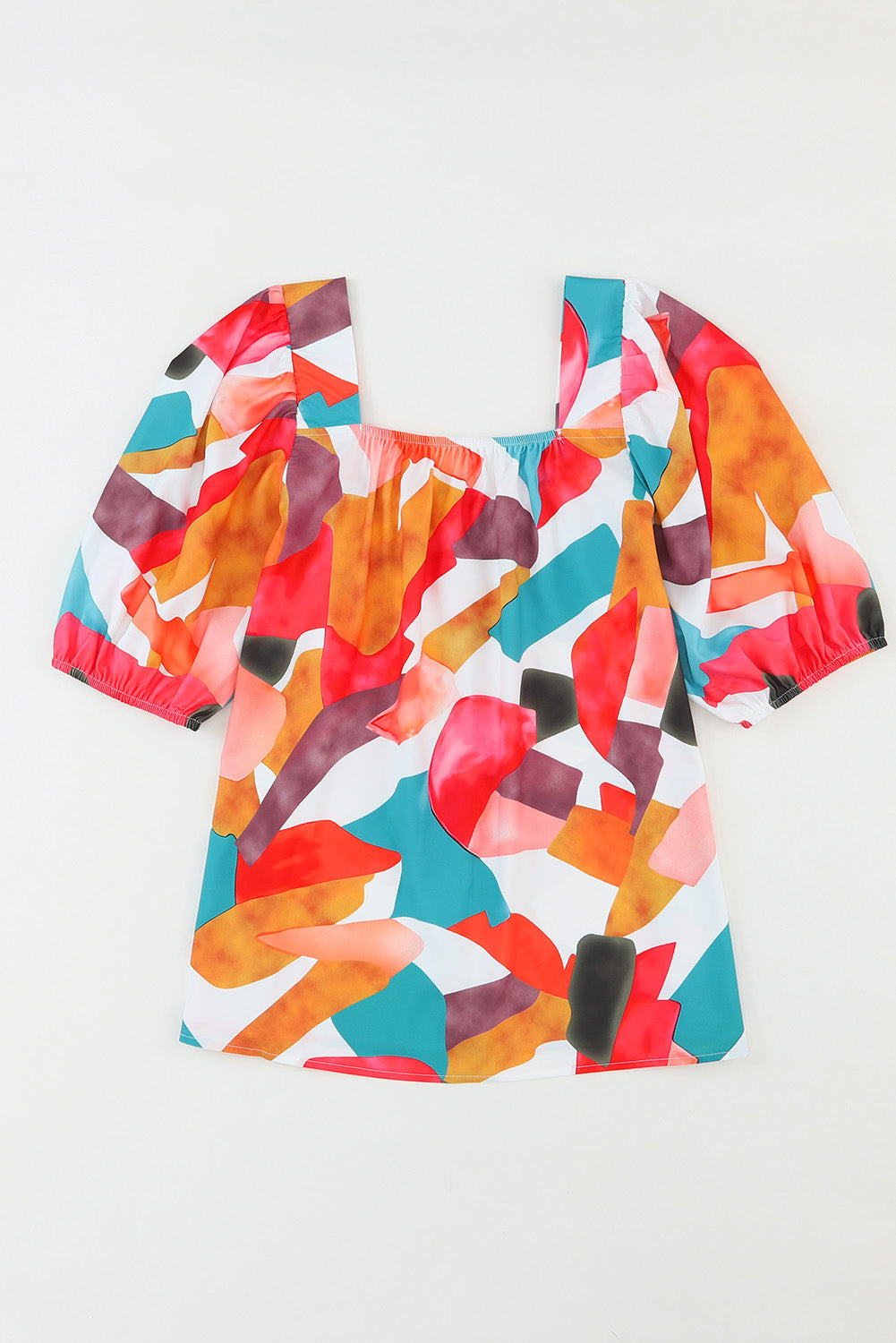 Veelkleurige blouse met vierkante hals en abstracte print en korte mouwen