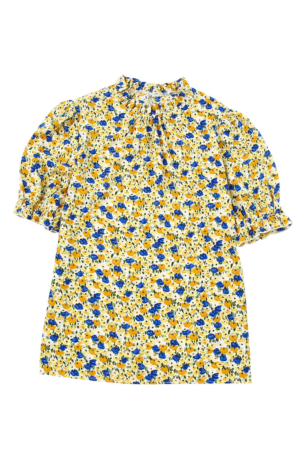 Gele Boho bloemen ruches korte mouw franje mock hals blouse