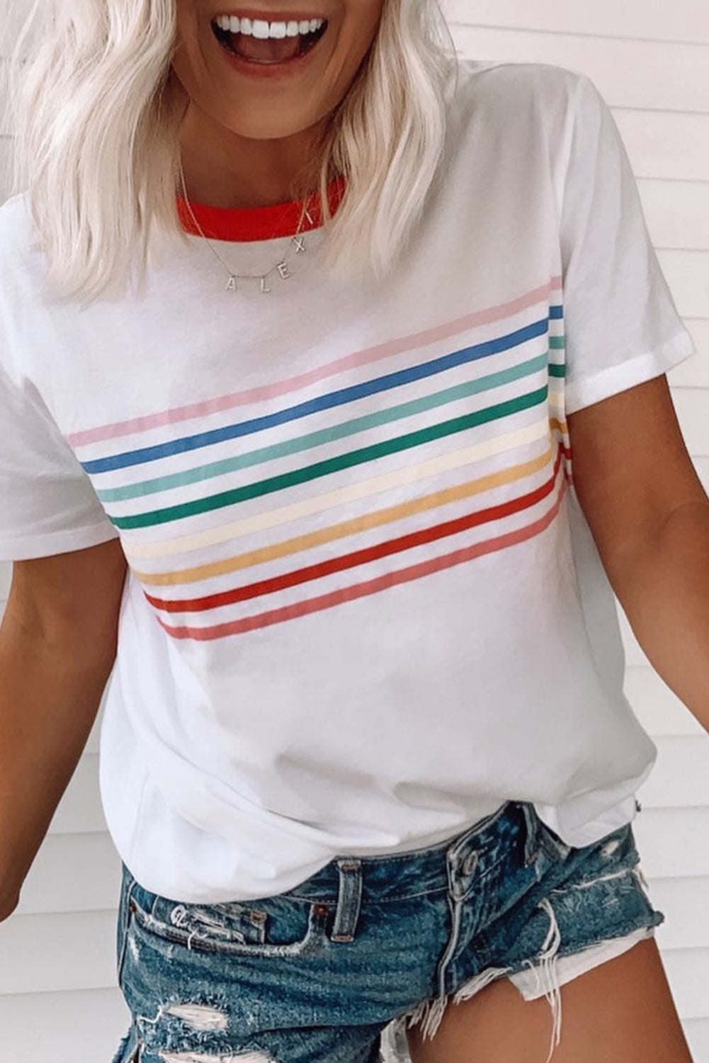 Witte regenboogstreep print contrast crewneck t -shirt