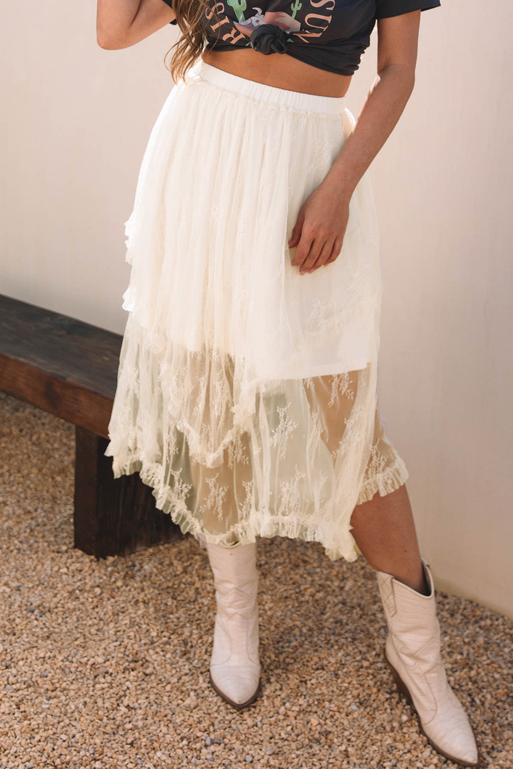 Beige Lace Cascading Tiered High Taille Maxi Rok