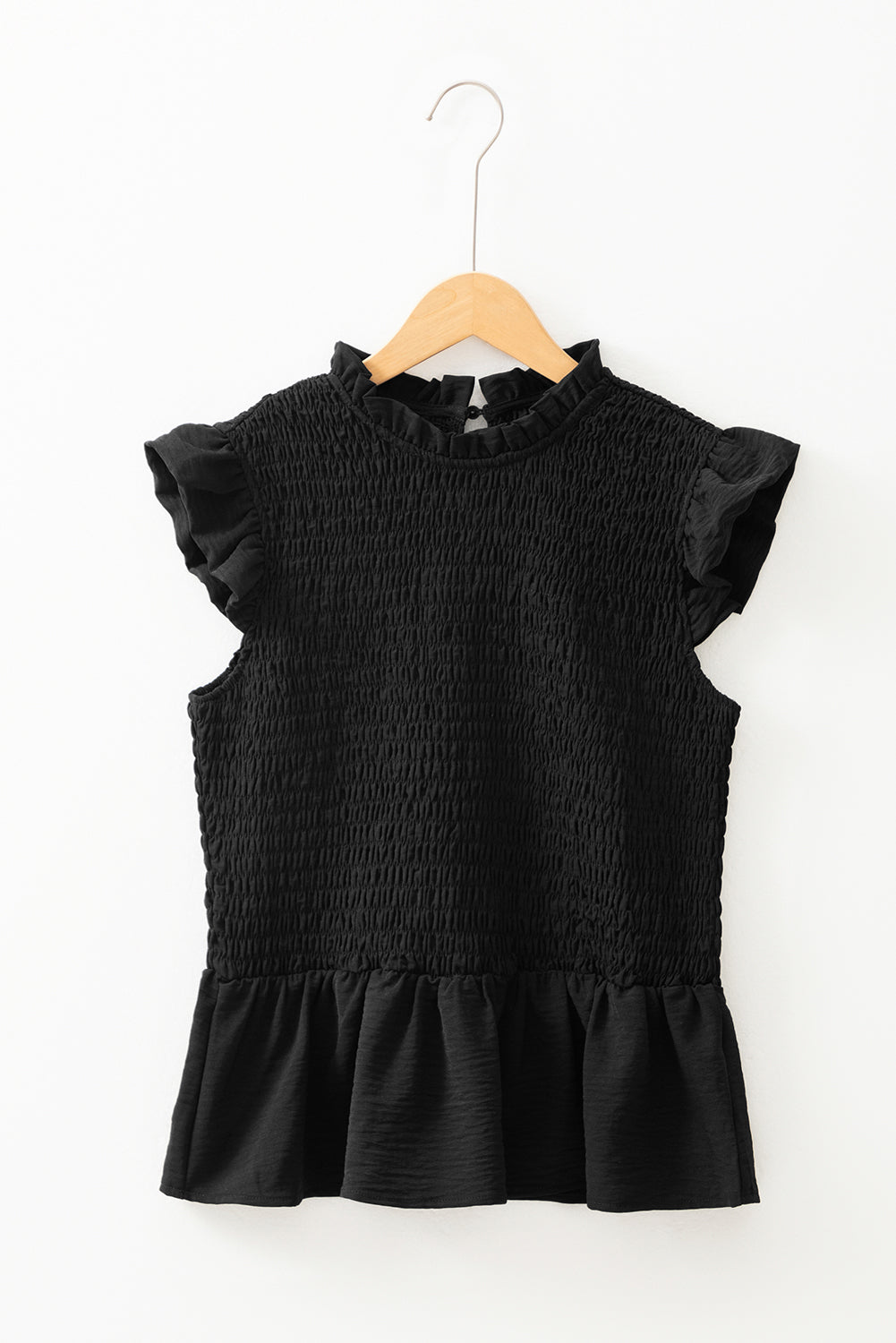 Zwarte ruche korte mouw shirred peplum top