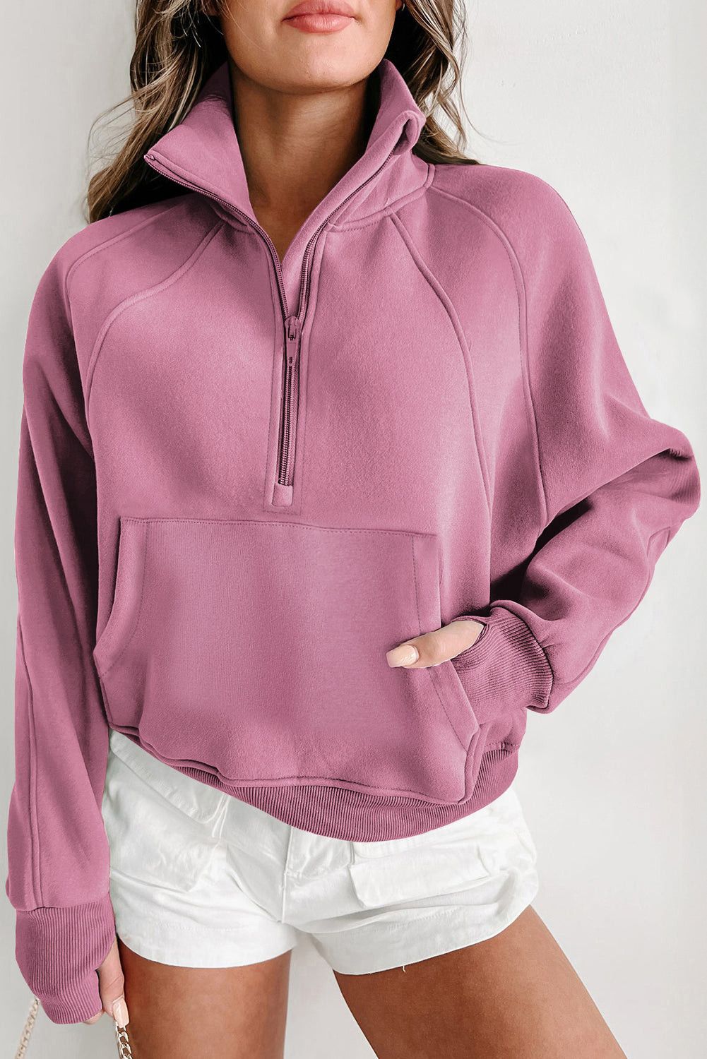 Smoke Green Fleece Lined Zip Up Stand Collar Thumbhole Sleeve Sweatshirt